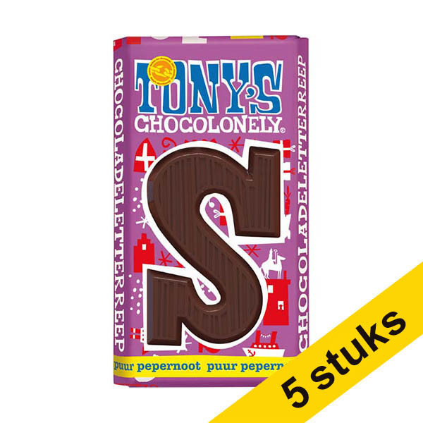 Aanbieding: 5x Tony's Chocolonely Puur Pepernoot S chocoladeletter 180 gram 200296 - 1
