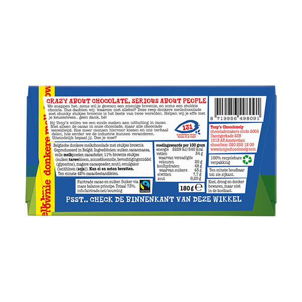 Tony's Chocolonely Donkere Melkchocolade Browniestukjes chocoladereep 180 gram 137218 - 2