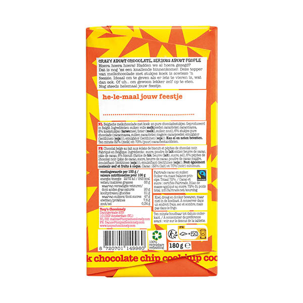 Tony's Chocolonely Melk Chocolate Chip Cookie "Hoera" chocoladereep 180 gram 137226 - 3