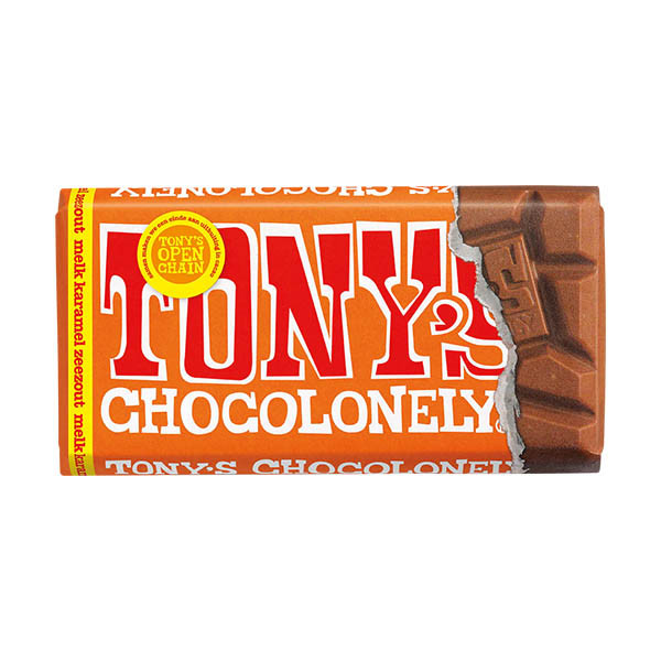 Tony's Chocolonely Melk Karamel Zeezout chocoladereep 90 gram 137234 - 1