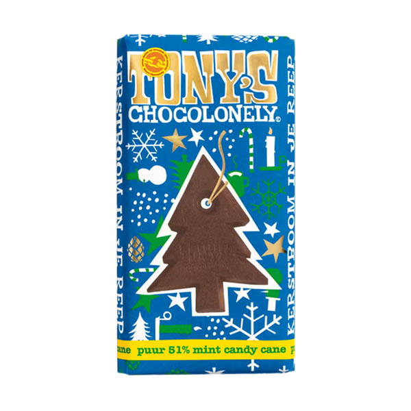 Tony's Chocolonely Pure Chocolade 51% Mint Candy Cane kerstreep 180 gram 137271 - 1
