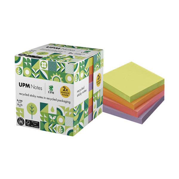 UPM gerecyclede zelfklevende notes kubus in 4 kleuren (8 x 100 vel) 303231 - 1