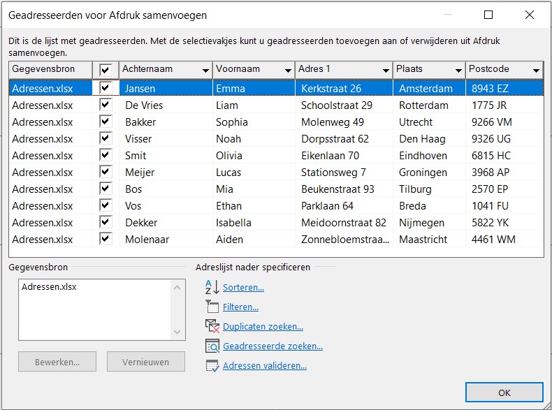 Screenshot van de optie 'Geadresseerden voor afdruk samenvoegen' met de ingevoerde adresgegevens in Word