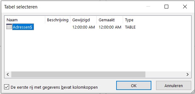 Screenshot van de optie om een adreslijst te selecteren in Word