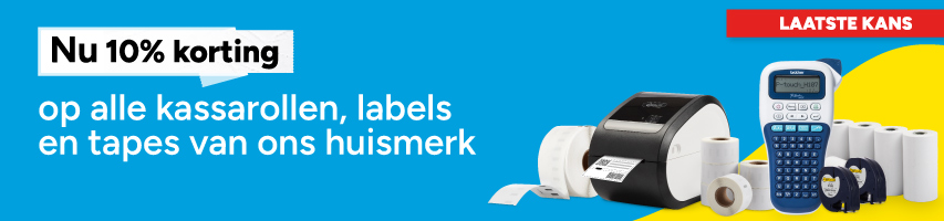 Nu 10% korting op alle huismerkkassarollen, -labels & -tapes.