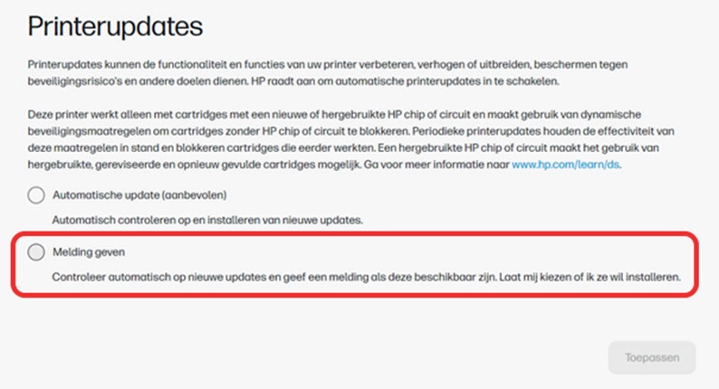 Melding geven printerupdates