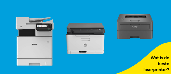 drie verschillende laserprinters op een blauwe achtergrond