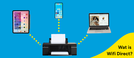 een printer verbonden aan een tablet, smartphone en laptop met gele stippellijn